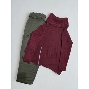 LOFT Olive Paperbag Pants & Faded Glory Maroon Cowl Sweater Bundle
